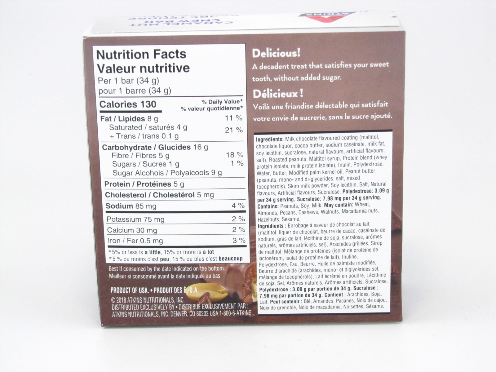Atkins Endulge - Caramel Nut Chew Bar back of box image Atkins Endulge - Caramel Nut Chew Bar back of box image